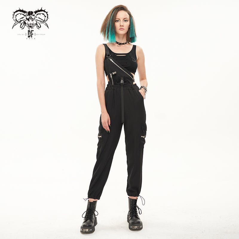 DEVIL FASHION Women's Punk Buckles Drawstring Suspender Pants