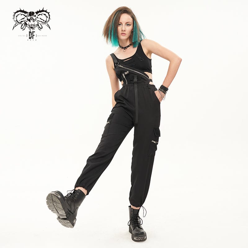 DEVIL FASHION Women's Punk Buckles Drawstring Suspender Pants