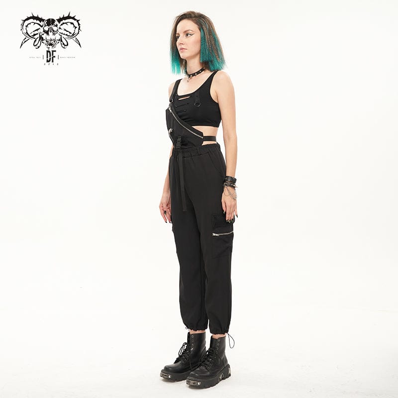 DEVIL FASHION Women's Punk Buckles Drawstring Suspender Pants