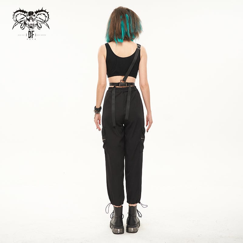 DEVIL FASHION Women's Punk Buckles Drawstring Suspender Pants