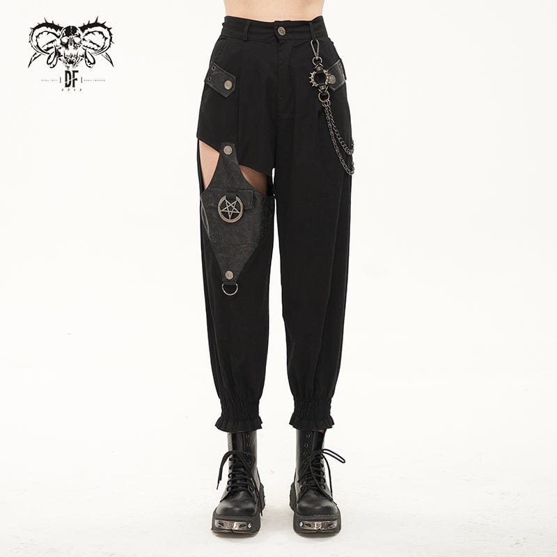 DEVIL FASHION Women's Punk Cutout Faux Leather Splice Jogger Pants with Chain