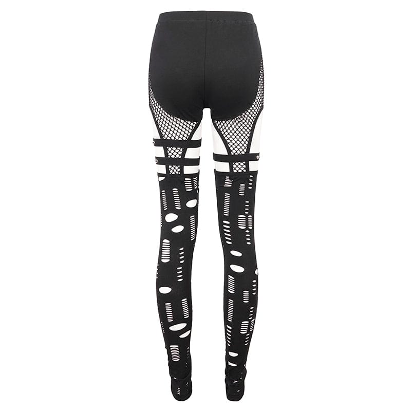 DEVIL FASHION Women's Punk Cutout Mesh Splice Leggings