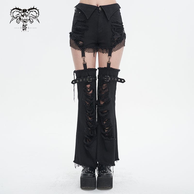 DEVIL FASHION Women's Punk Detachable Mesh Splice Ripped Pants