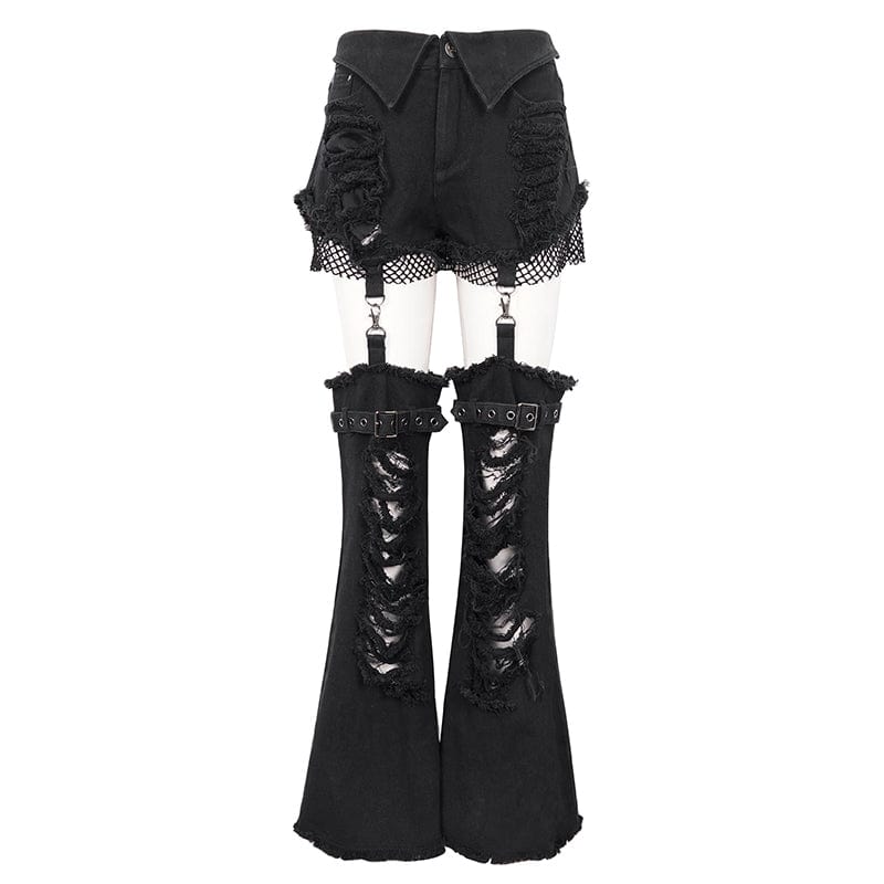 DEVIL FASHION Women's Punk Detachable Mesh Splice Ripped Pants
