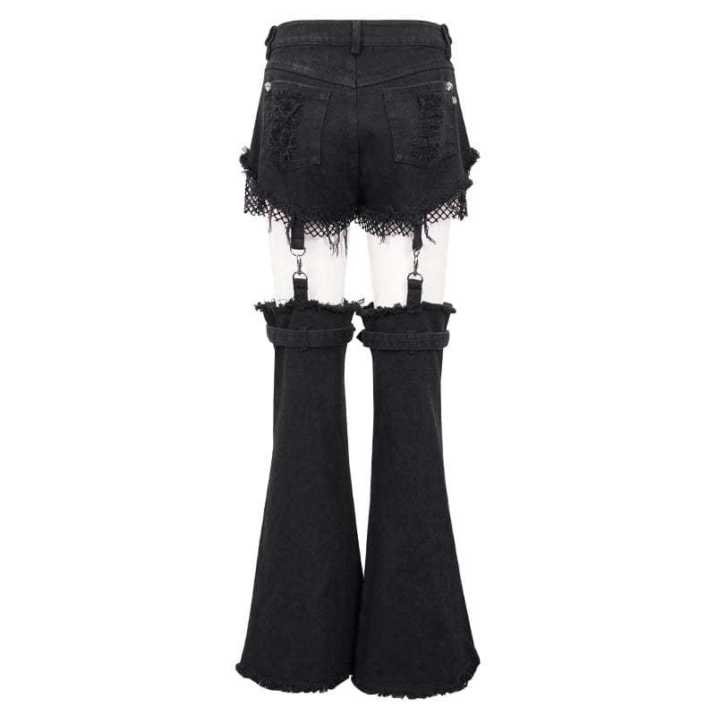 DEVIL FASHION Women's Punk Detachable Mesh Splice Ripped Pants