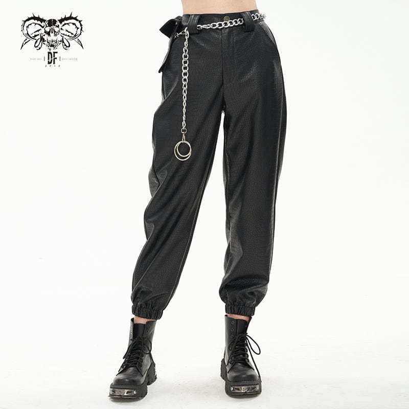 DEVIL FASHION Women's Punk Faux Leather Ankle Banded Pants With Metal Chain
