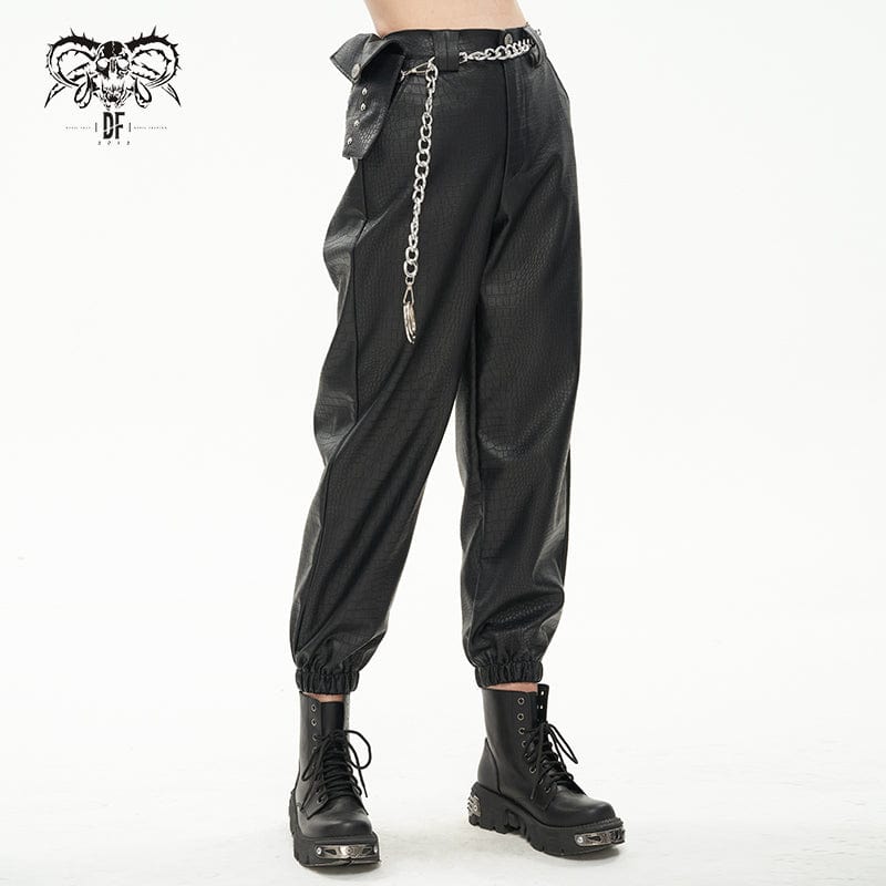 DEVIL FASHION Women's Punk Faux Leather Ankle Banded Pants With Metal Chain