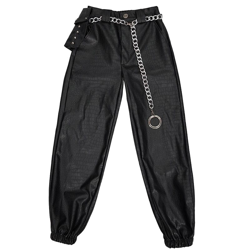 DEVIL FASHION Women's Punk Faux Leather Ankle Banded Pants With Metal Chain