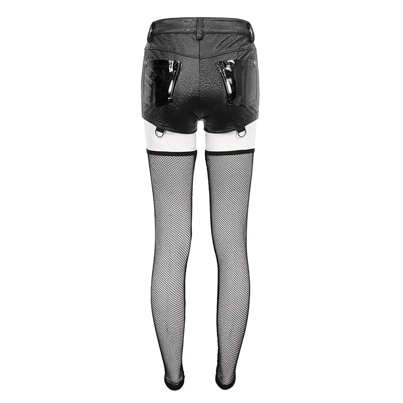 DEVIL FASHION Women's Punk Faux Leather Shorts with Mesh Leg Sleeves