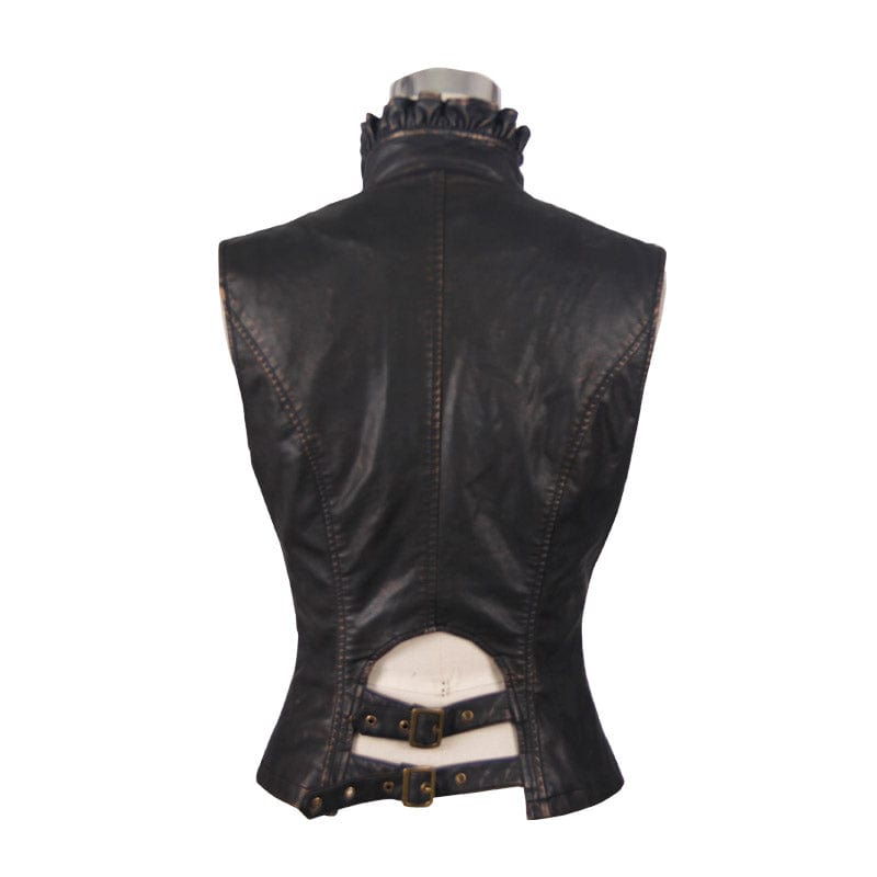 DEVIL FASHION Women's Punk Faux Leather Waistcoat With Leather Frills