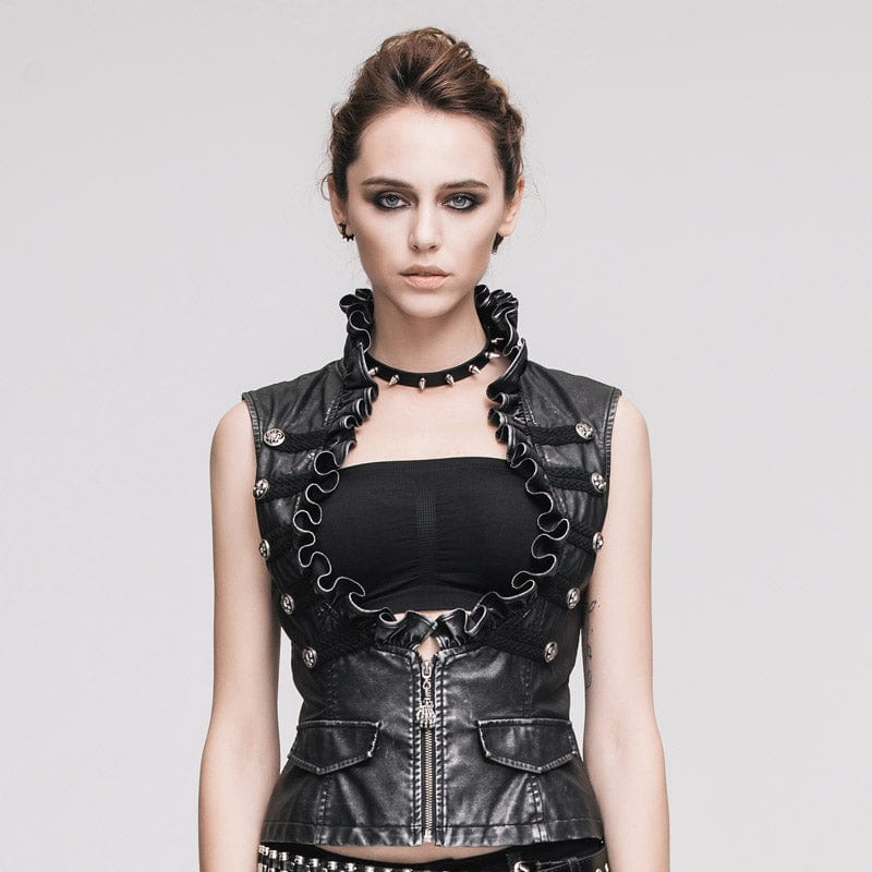 DEVIL FASHION Women's Punk Faux Leather Waistcoat With Leather Frills