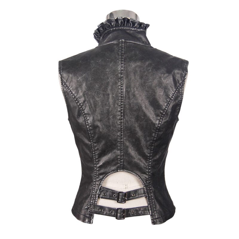 DEVIL FASHION Women's Punk Faux Leather Waistcoat With Leather Frills