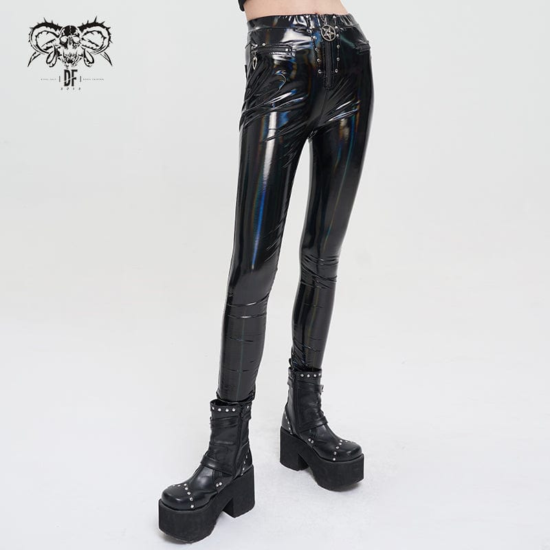 DEVIL FASHION Women's Punk Faux Patent Leather Star Zipper Leggings