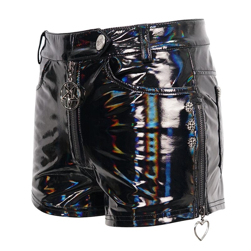 DEVIL FASHION Women's Punk Faux Patent Leather Star Zipper Shorts
