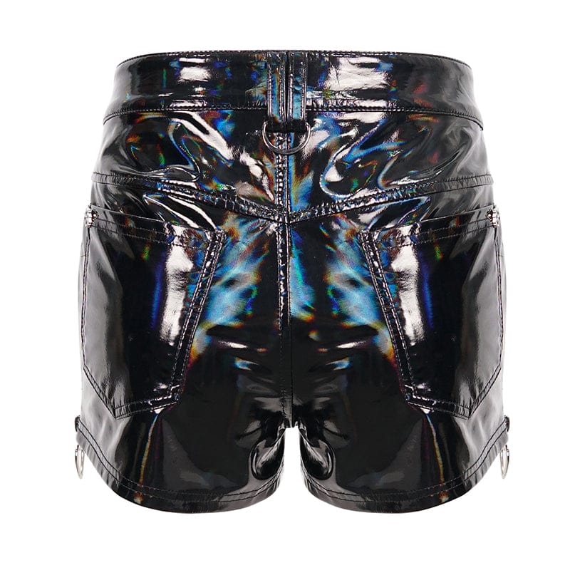 DEVIL FASHION Women's Punk Faux Patent Leather Star Zipper Shorts