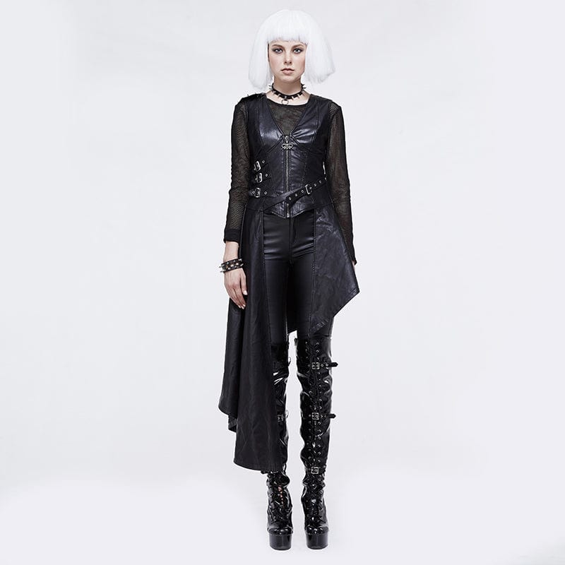 DEVIL FASHION Women's Punk Irregular Hem Faux Leather Waistcoat
