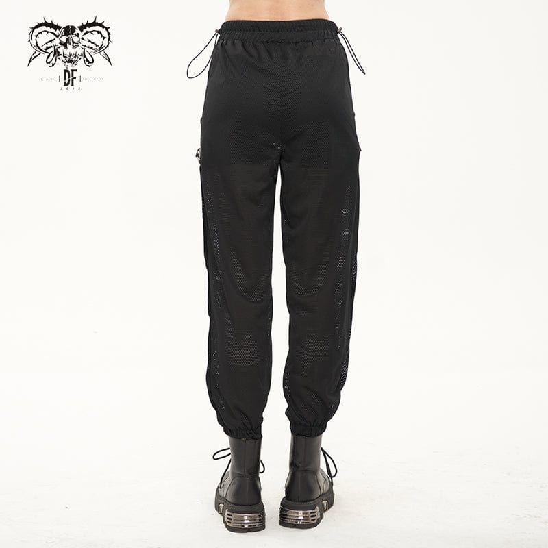 DEVIL FASHION Women's Punk Mesh Buttoned Jogger Pants