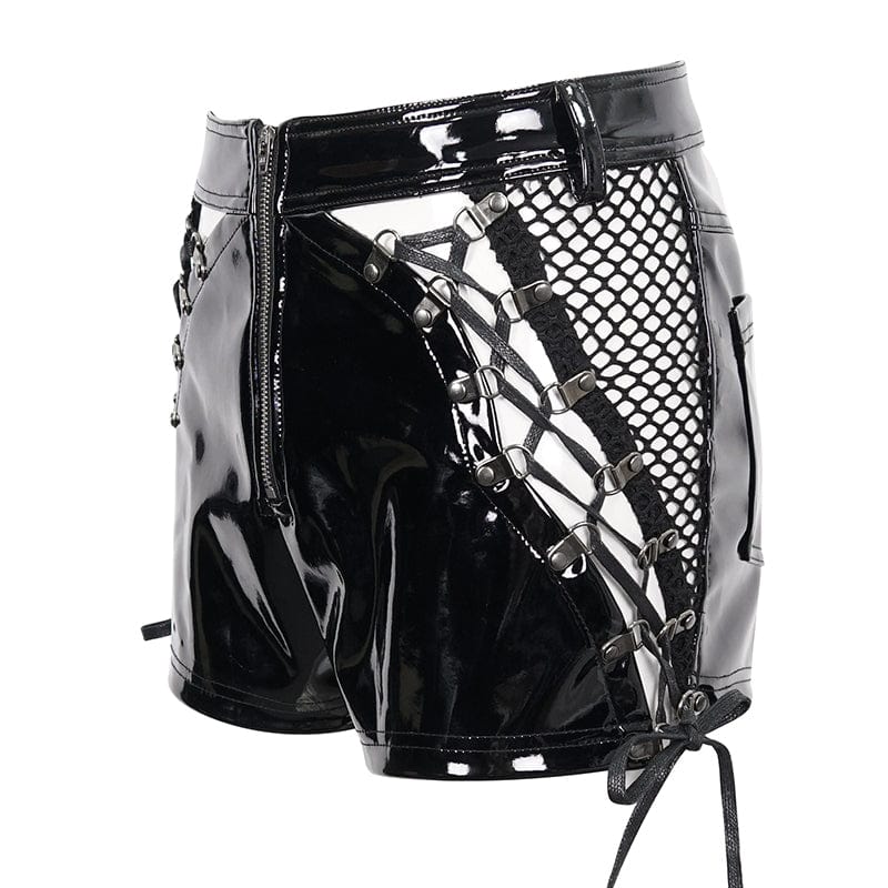 DEVIL FASHION Women's Punk Mesh Splice Patent Leather Shorts