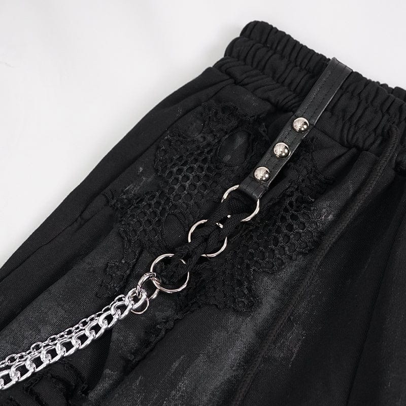 DEVIL FASHION Women's Punk Ripped Metal Chain Lantern Pants