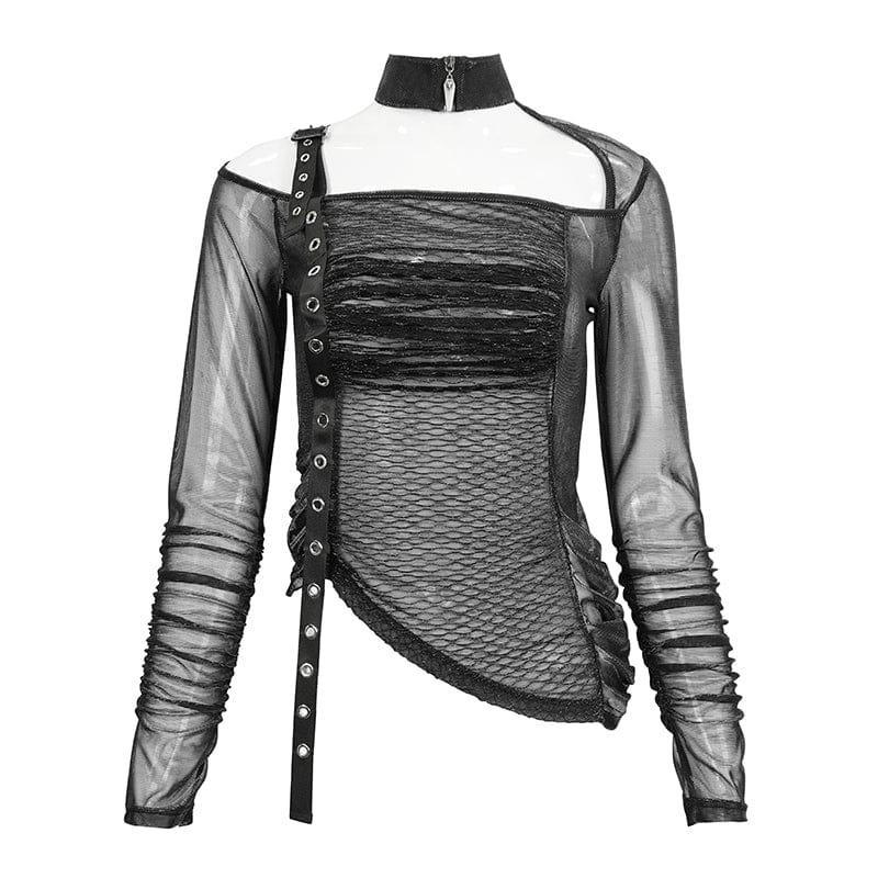 DEVIL FASHION Women's Punk Stand Collar Slash Shoulder Sheer Shirt
