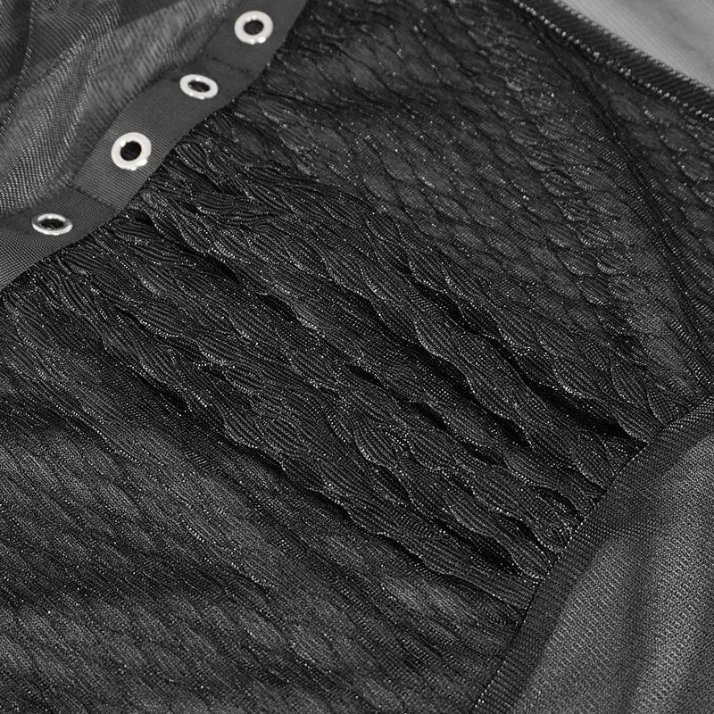 DEVIL FASHION Women's Punk Stand Collar Slash Shoulder Sheer Shirt