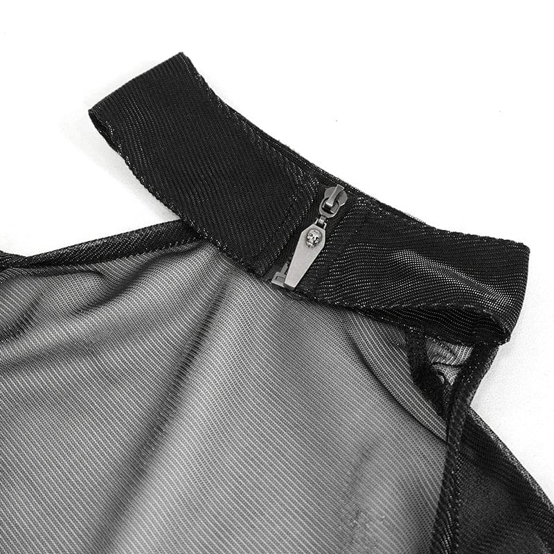 DEVIL FASHION Women's Punk Stand Collar Slash Shoulder Sheer Shirt