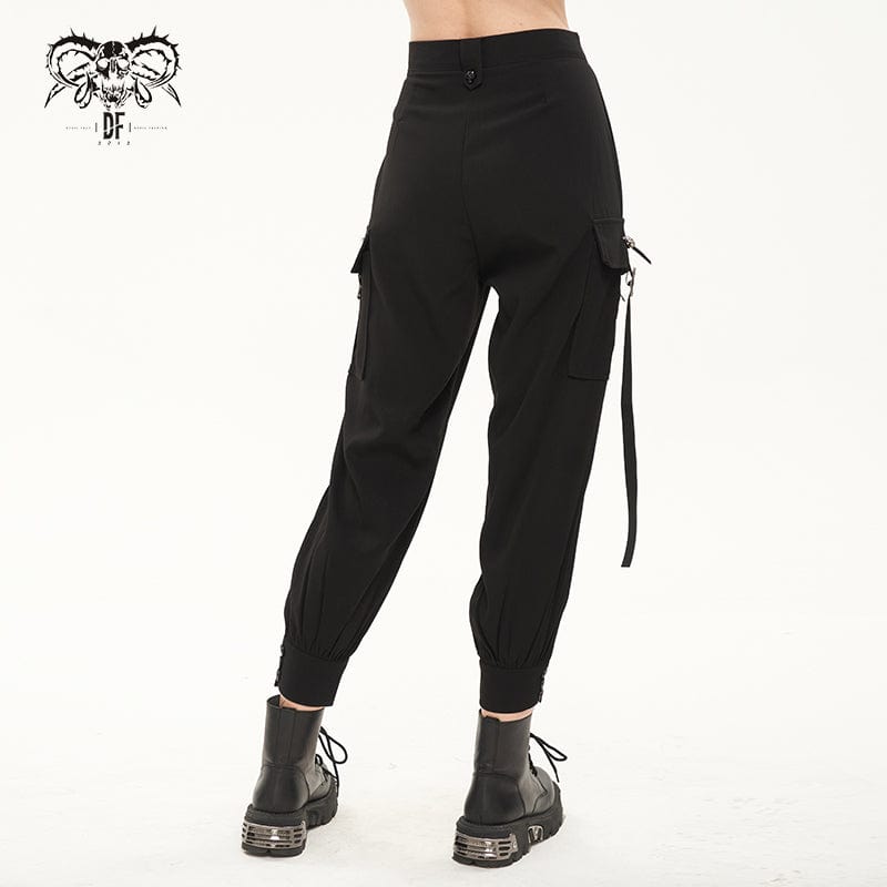 DEVIL FASHION Women's Punk Strappy Big-pocket Jogger Pants