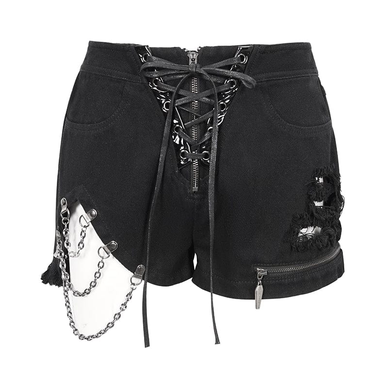 DEVIL FASHION Women's Punk Strappy Irregular Ripped Shorts