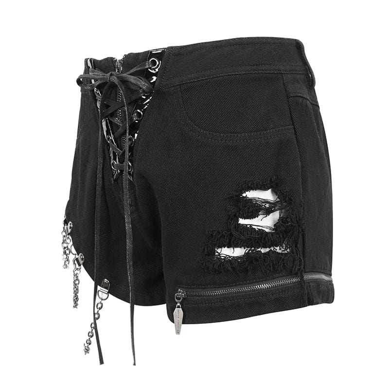 DEVIL FASHION Women's Punk Strappy Irregular Ripped Shorts