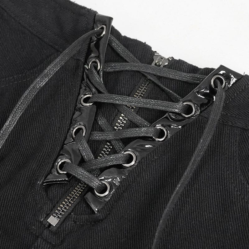 DEVIL FASHION Women's Punk Strappy Irregular Ripped Shorts