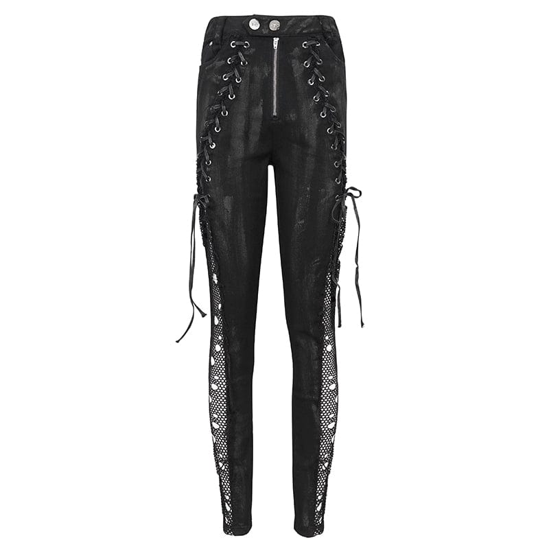 DEVIL FASHION Women's Punk Strappy Mesh Splice Distressed Leggings