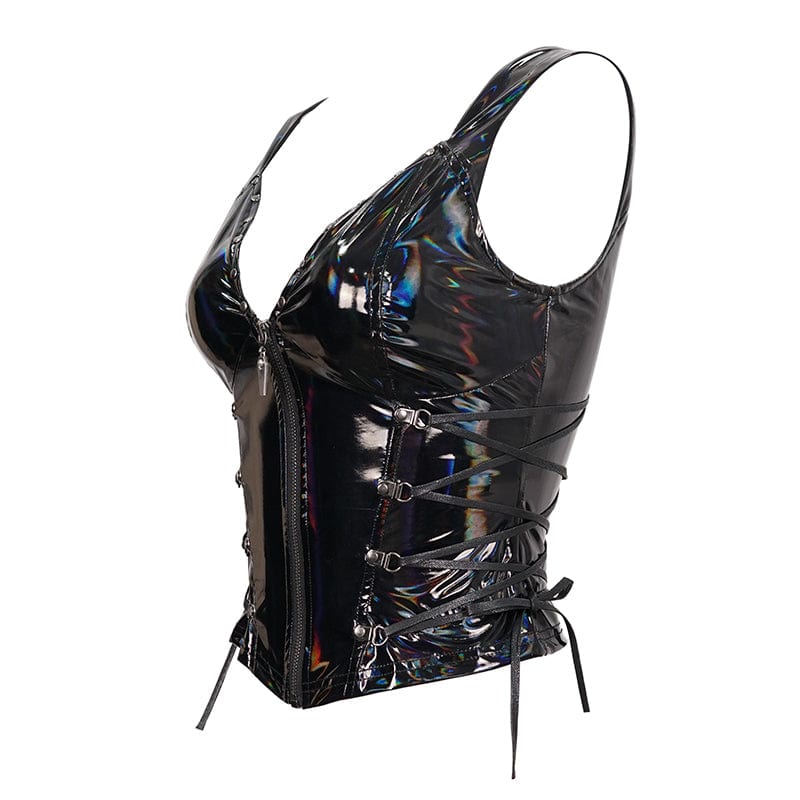 DEVIL FASHION Women's Punk Strappy Plunging Faux Patent Leather Waistcoat