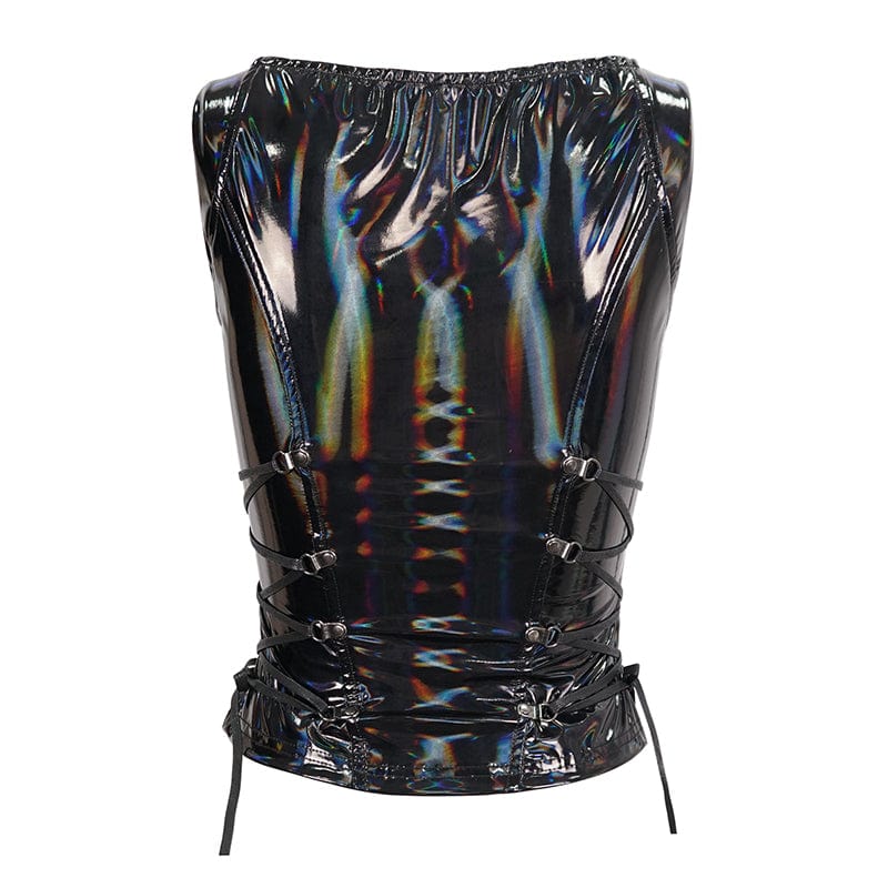 DEVIL FASHION Women's Punk Strappy Plunging Faux Patent Leather Waistcoat