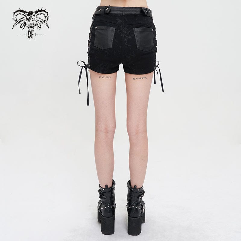 DEVIL FASHION Women's Punk Strappy Tie-dyed Buckle Shorts