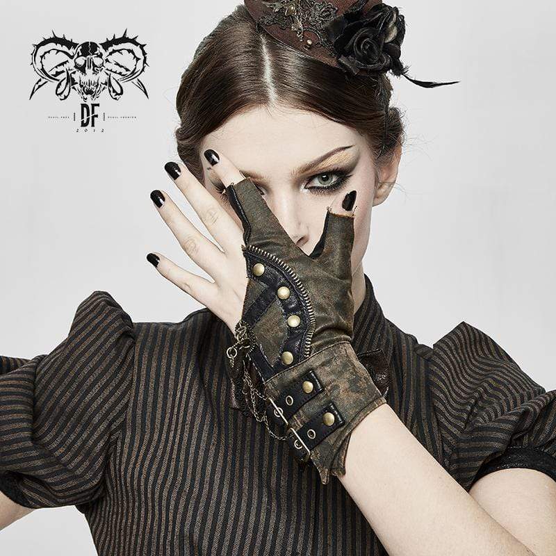 DEVIL FASHION Women's Steampunk Gears Zipper Irregular Gloves