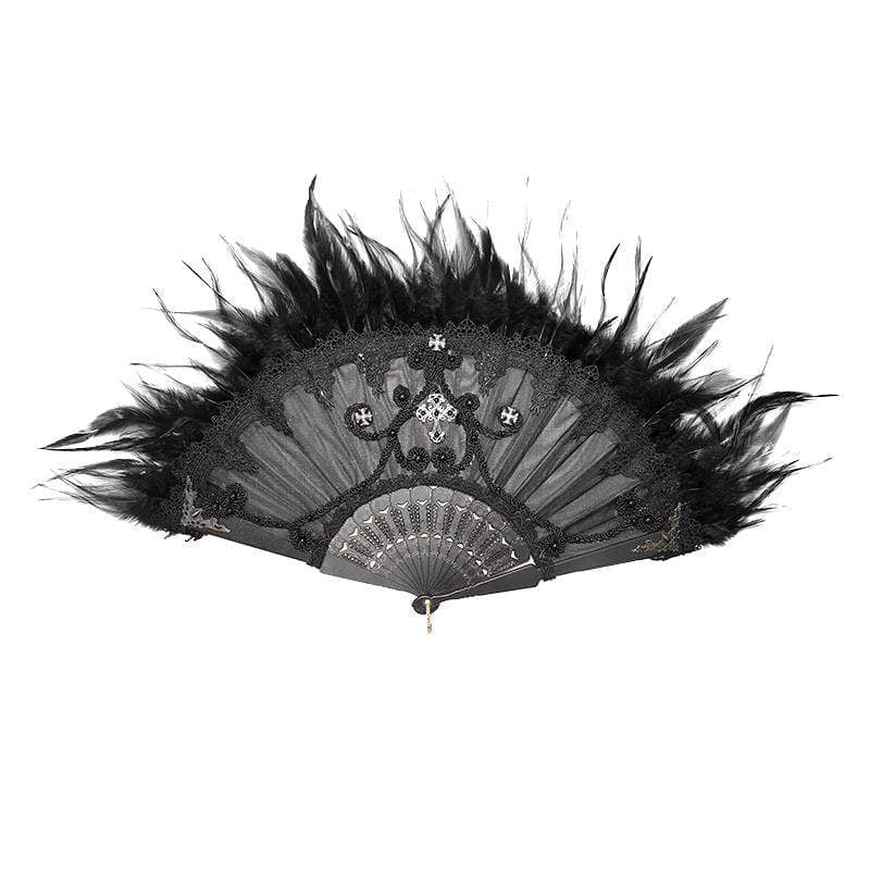 Women's Vintage Floral Lace-side Feathers Artistic Fan