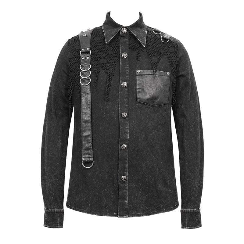 Men's Punk Mesh Applique Harness Denim Shirts