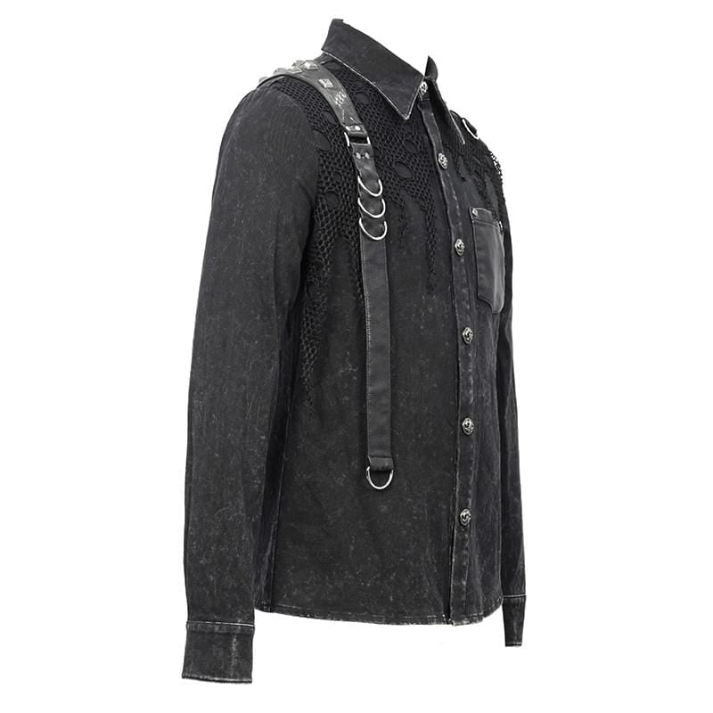 Men's Punk Mesh Applique Harness Denim Shirts