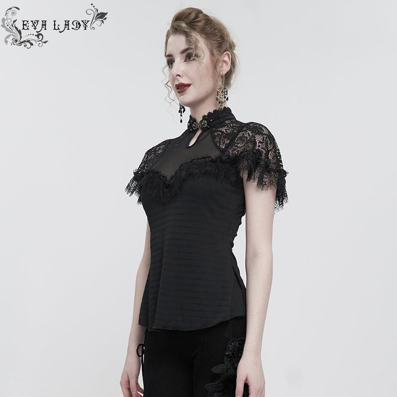 EVA LADY Women's Gothic Cheongsam Collar Lace Splice Ruffled Shirt