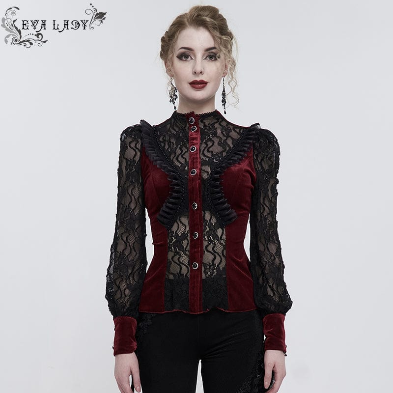 EVA LADY Women's Gothic Double Color Puff Sleeved Ruffled Lace Shirt