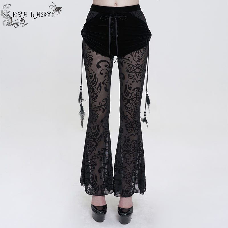 EVA LADY Women's Gothic Drawstring Mesh Splice Flared Pants