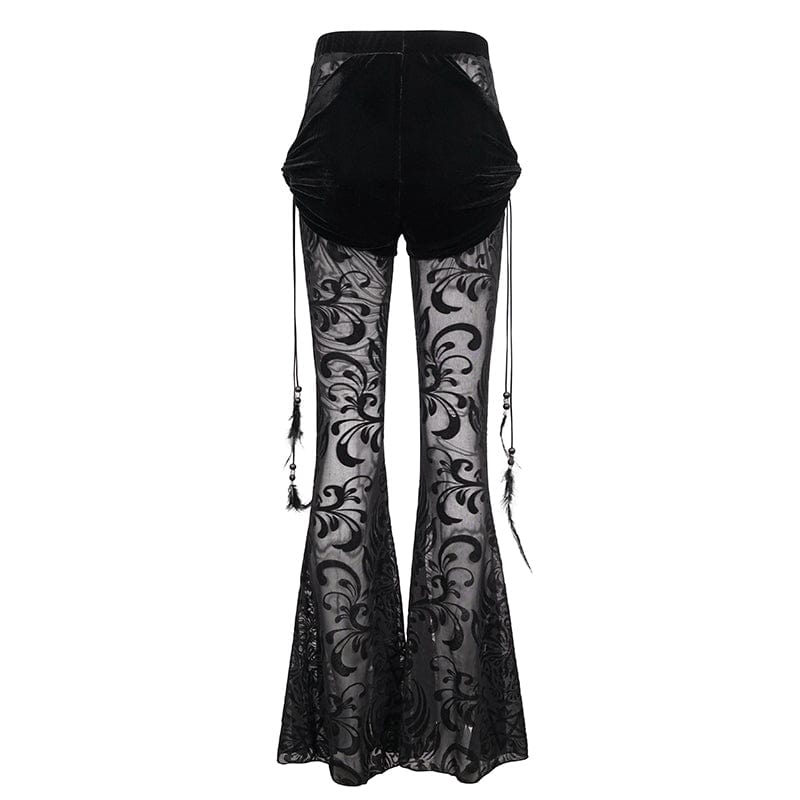 EVA LADY Women's Gothic Drawstring Mesh Splice Flared Pants