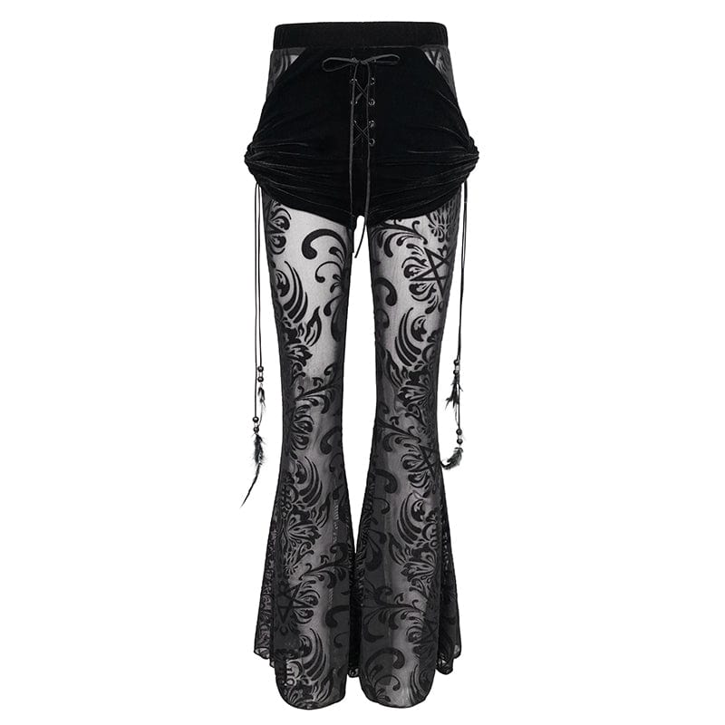 EVA LADY Women's Gothic Drawstring Mesh Splice Flared Pants