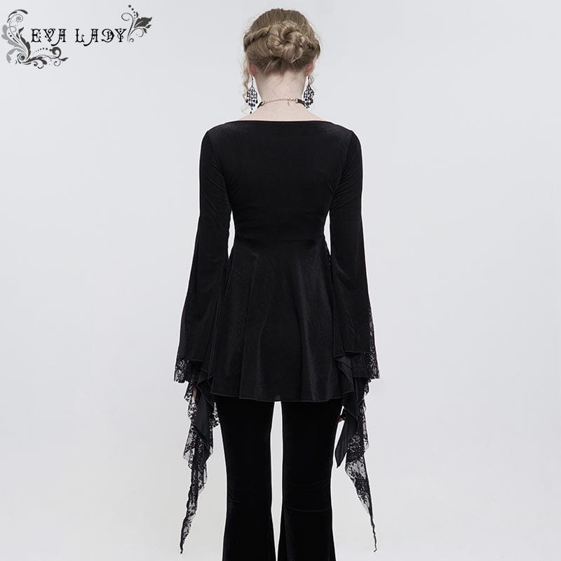 EVA LADY Women's Gothic Flared Sleeved Lace Splice Beaded Shirt