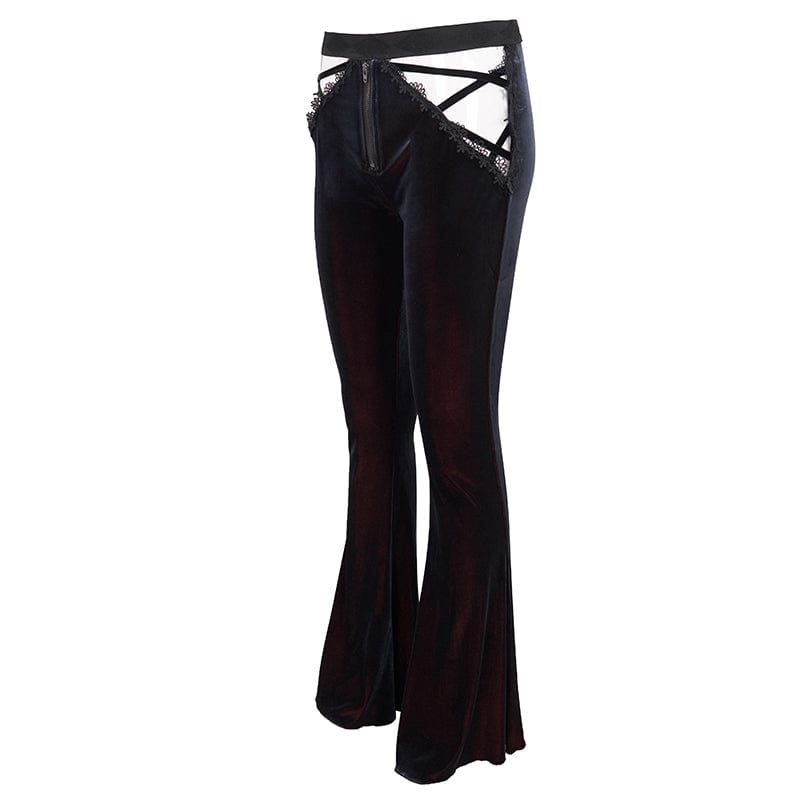 EVA LADY Women's Gothic Front Zip Side Cutout Velet Bell-bottoms