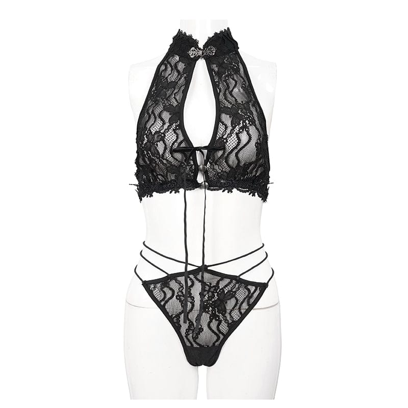 EVA LADY Women's Gothic Halterneck Lace Bra Lingerie Set