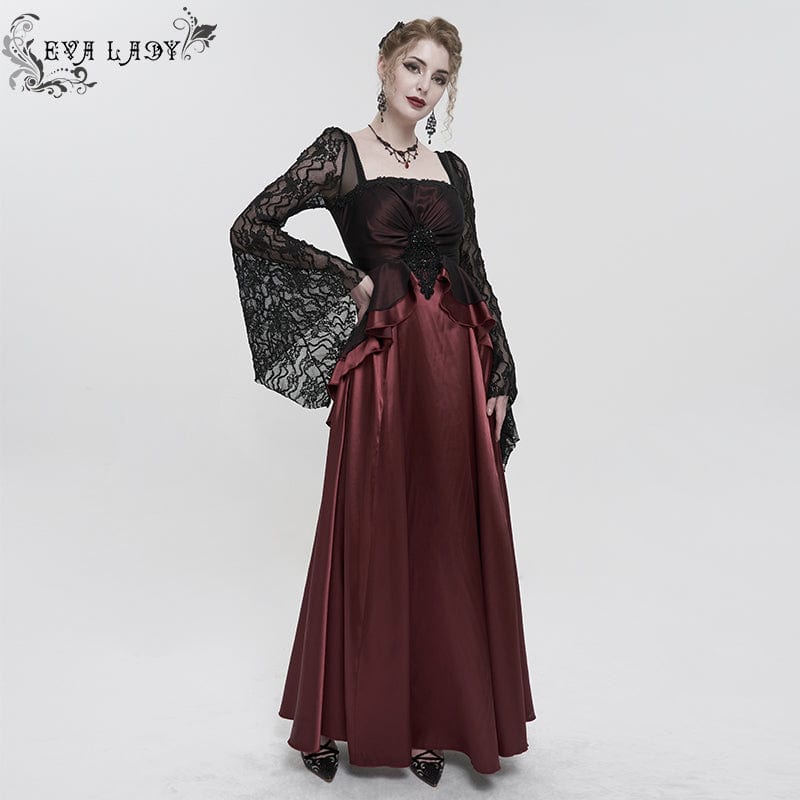 EVA LADY Women's Gothic Lace Sleeved Layered Draped Dress