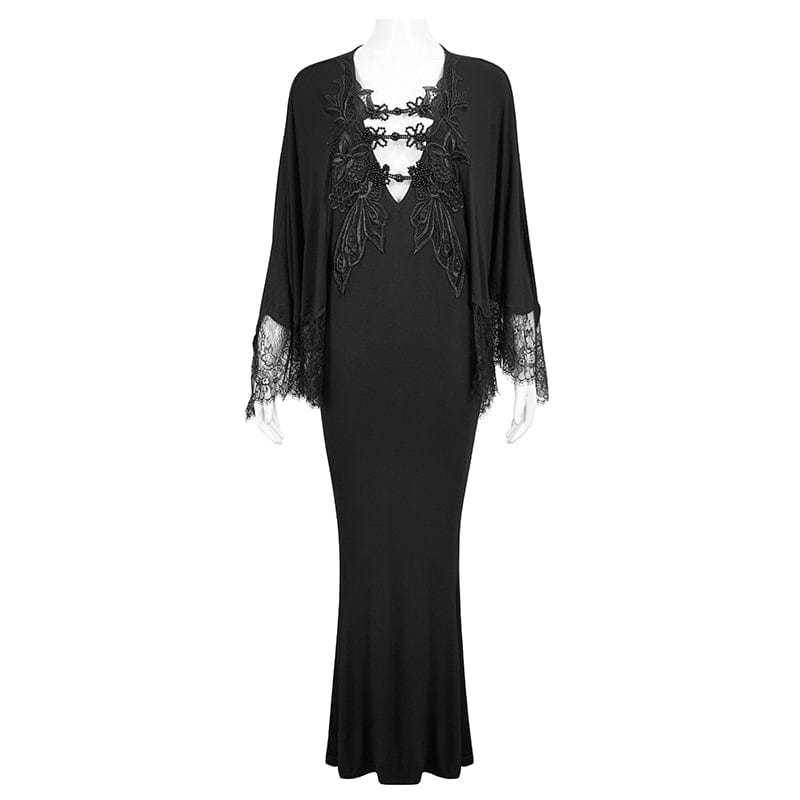 EVA LADY Women's Gothic Plunging Floral Embroidered Lace Splice Dress