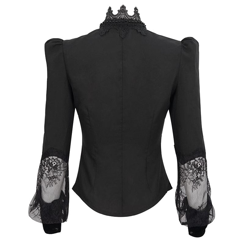 EVA LADY Women's Gothic Puff Sleeved Lace Shirt with Bow Tie