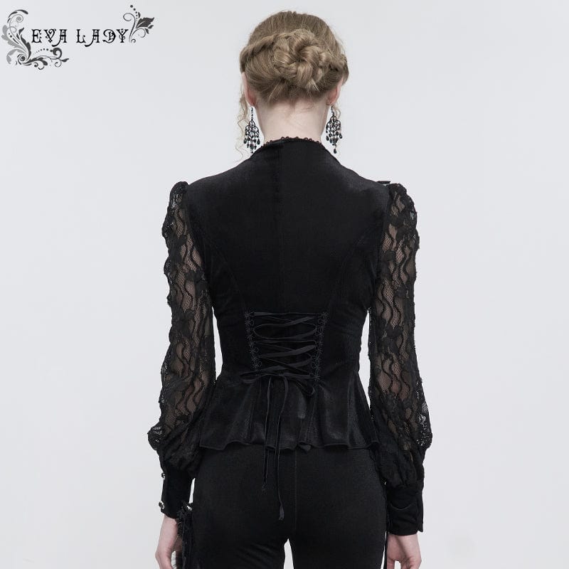 EVA LADY Women's Gothic Puff Sleeved Ruffled Lace Shirt